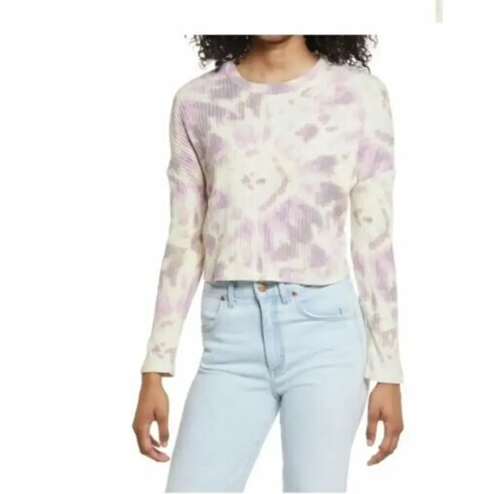 BP. Women's Tie Dye Crop Long Sleeve Ribbed T-Shirt‎ Pink & Beige Large MSRP $29